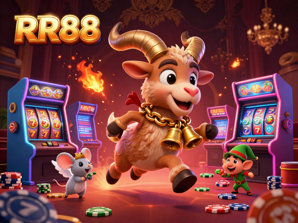 Gamblers enjoy slot machines and festive atmosphere at RR88 casino with animated characters.