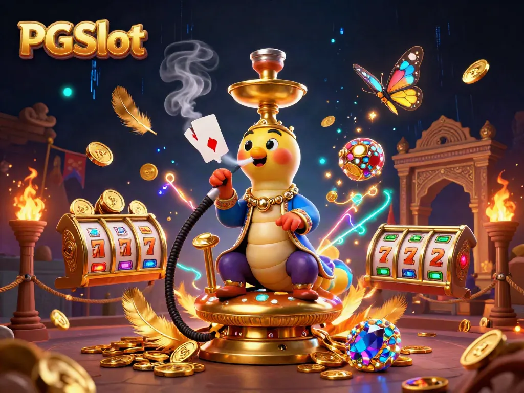 Experience the thrill of PGSlot with a vibrant scene featuring a magic caterpillar and slot elements.