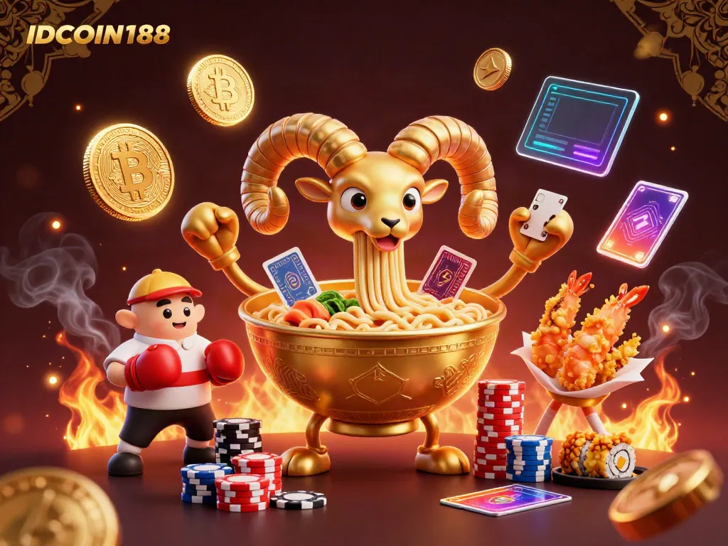Experience the excitement of IDCOIN188 with a vibrant scene of a golden ramen bowl dealer, colorful crypto elements, and dynamic casino themes.