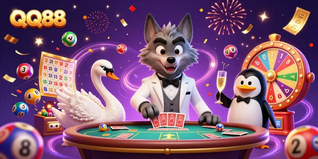 Experience the thrill of QQ88 with a charming wolf, elegant swan, and penguin presenting casino fun.