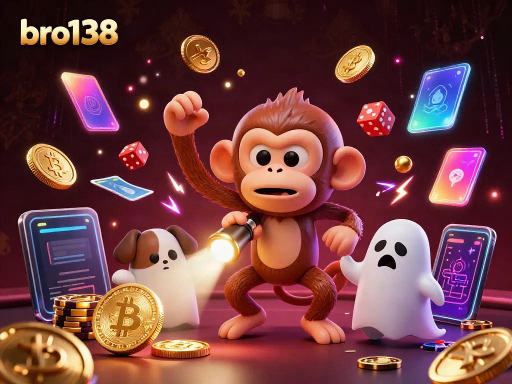 Experience thrilling gameplay at bro138 with a playful poltergeist monkey and ghost-hunter puppy in a vibrant casino scene.