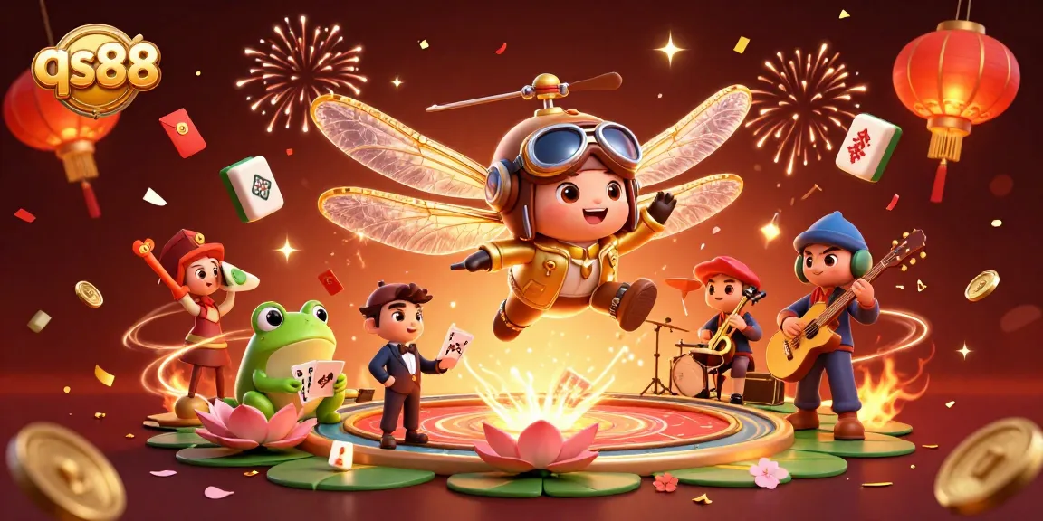 Experience the excitement of qs88 casino games with engaging characters and festive elements in a vibrant 3D illustration.