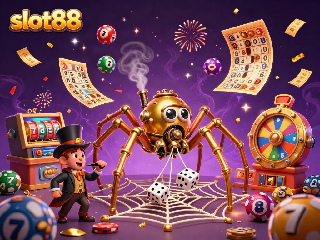 Experience excitement with slot88 as colorful lottery balls bounce among an intricate web of golden chains.