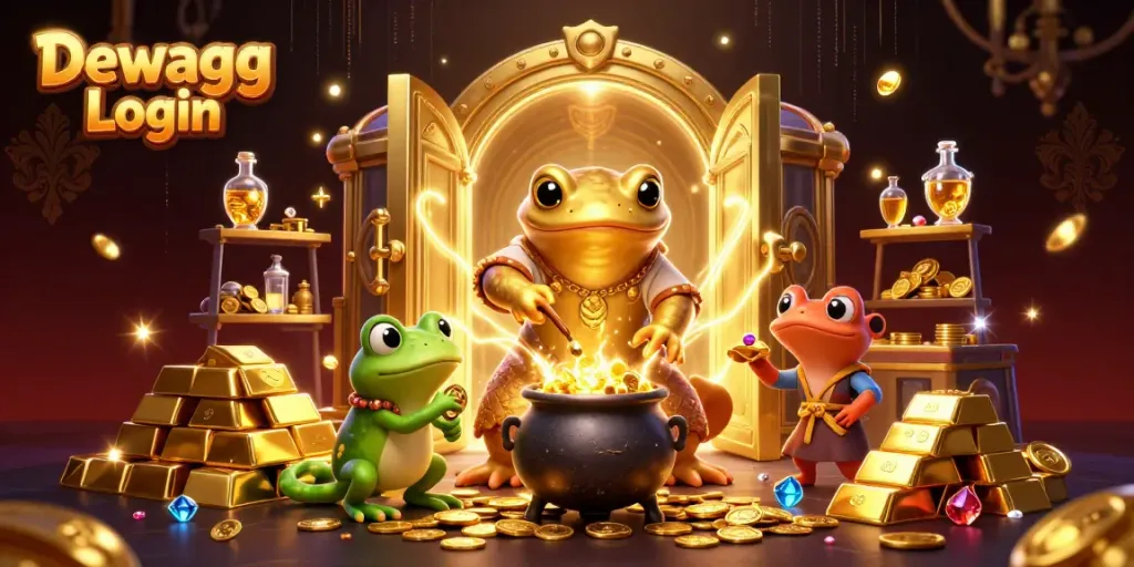 Experience Dewagg Login with a vibrant 3D illustration featuring alchemy and riches in a casino setting.
