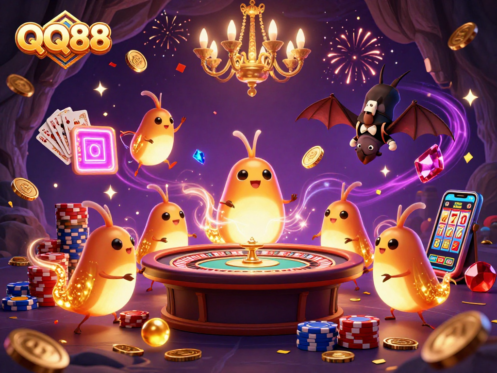 Experience QQ88's vibrant casino atmosphere with glowworms illuminating the games and cascading treasures.