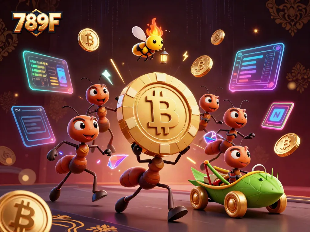 Engage with 789F as ants carry a golden poker chip in a heist through a vibrant tunnel of crypto coins.