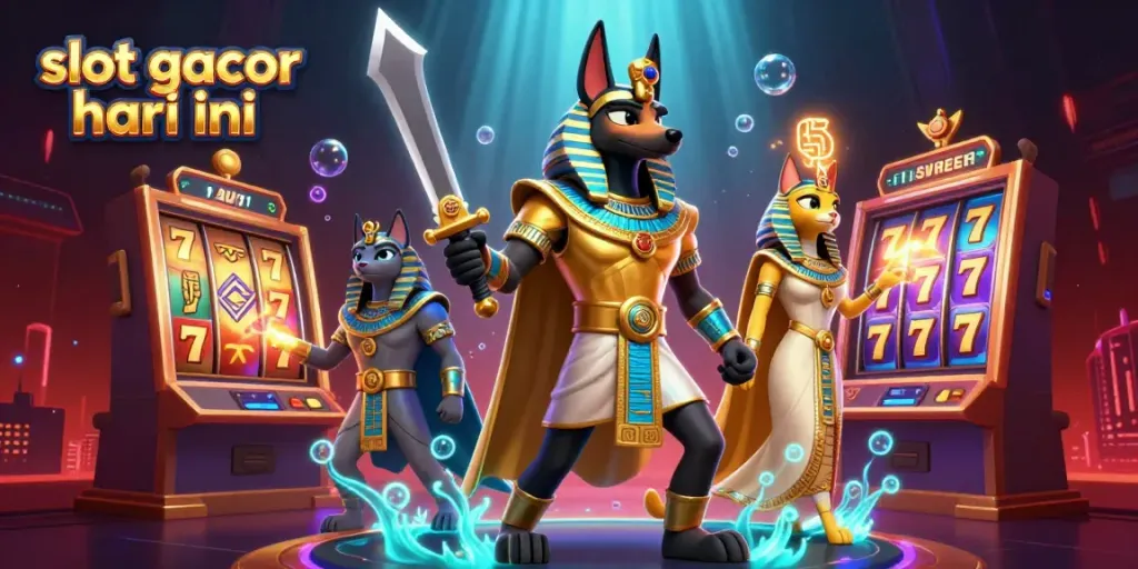 Engage with exciting slot gacor hari ini visuals featuring Anubis and Bastet amidst jackpot elements.