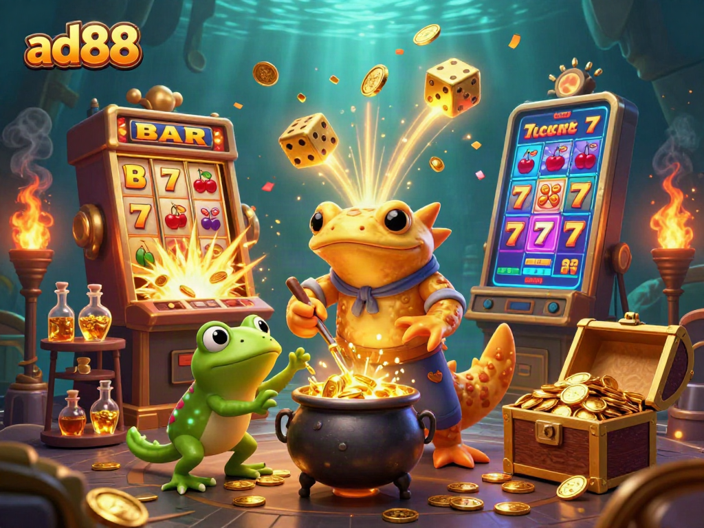 Transmute gold coins with ad88 in a vibrant 3D casino illustration featuring magical characters and dynamic games.
