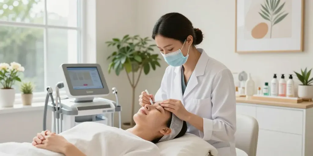 Client receiving CCeye® treatment to Augenringe entfernen in a modern beauty clinic.