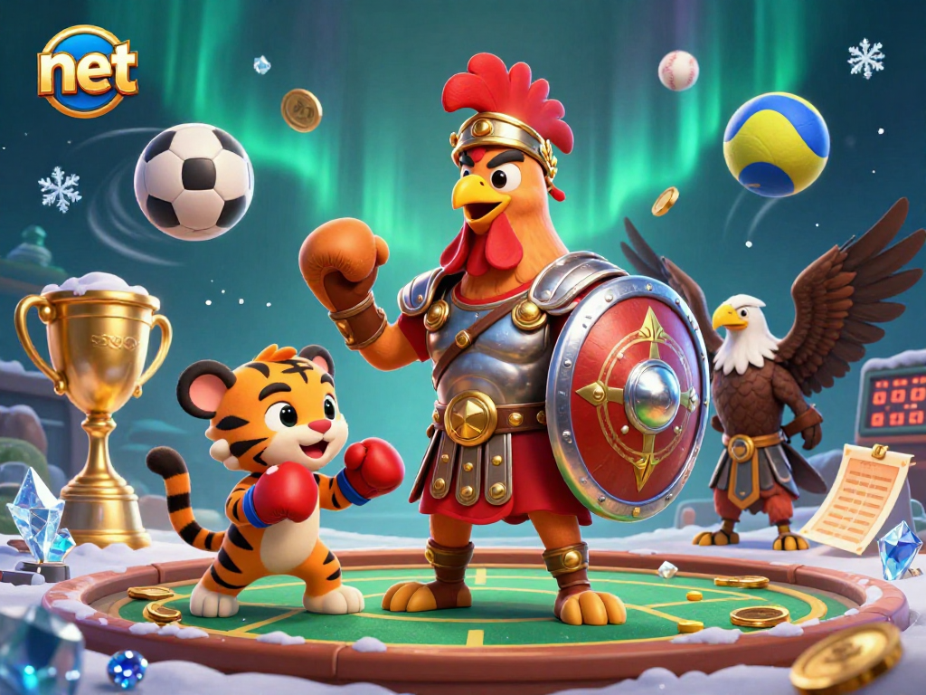 Experience thrilling net betting action featuring a cartoon rooster and sports balls in a vibrant arena.